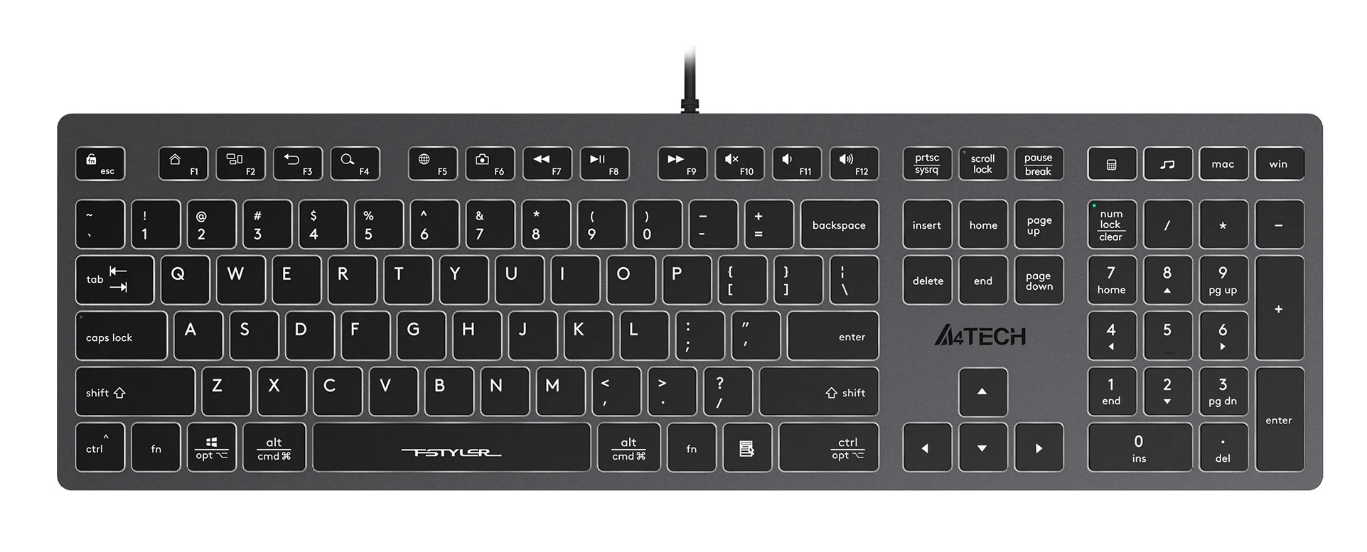 Клавиатура A4Tech FX60 серый USB slim LED (FX60 GREY / WHITE) кабель 1.5м