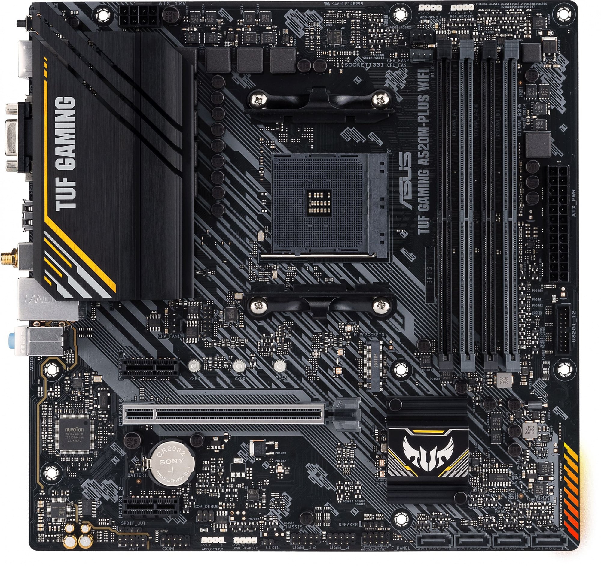 Материнская плата ASUS TUF GAMING A520M-PLUS WIFI, AM4, AMD A520, 4xDDR4, 4xSATA, 1xM.2, 1xPCIe 3.0 x16, 2xPCIe x1, 1xVGA, 1xHDMI, 1xDP, 1x 1Gb LAN, 2xUSB-A 3.2 Gen 1, 2xUSB-A 2.0, 3x3.5 мм, 7.1, mATX