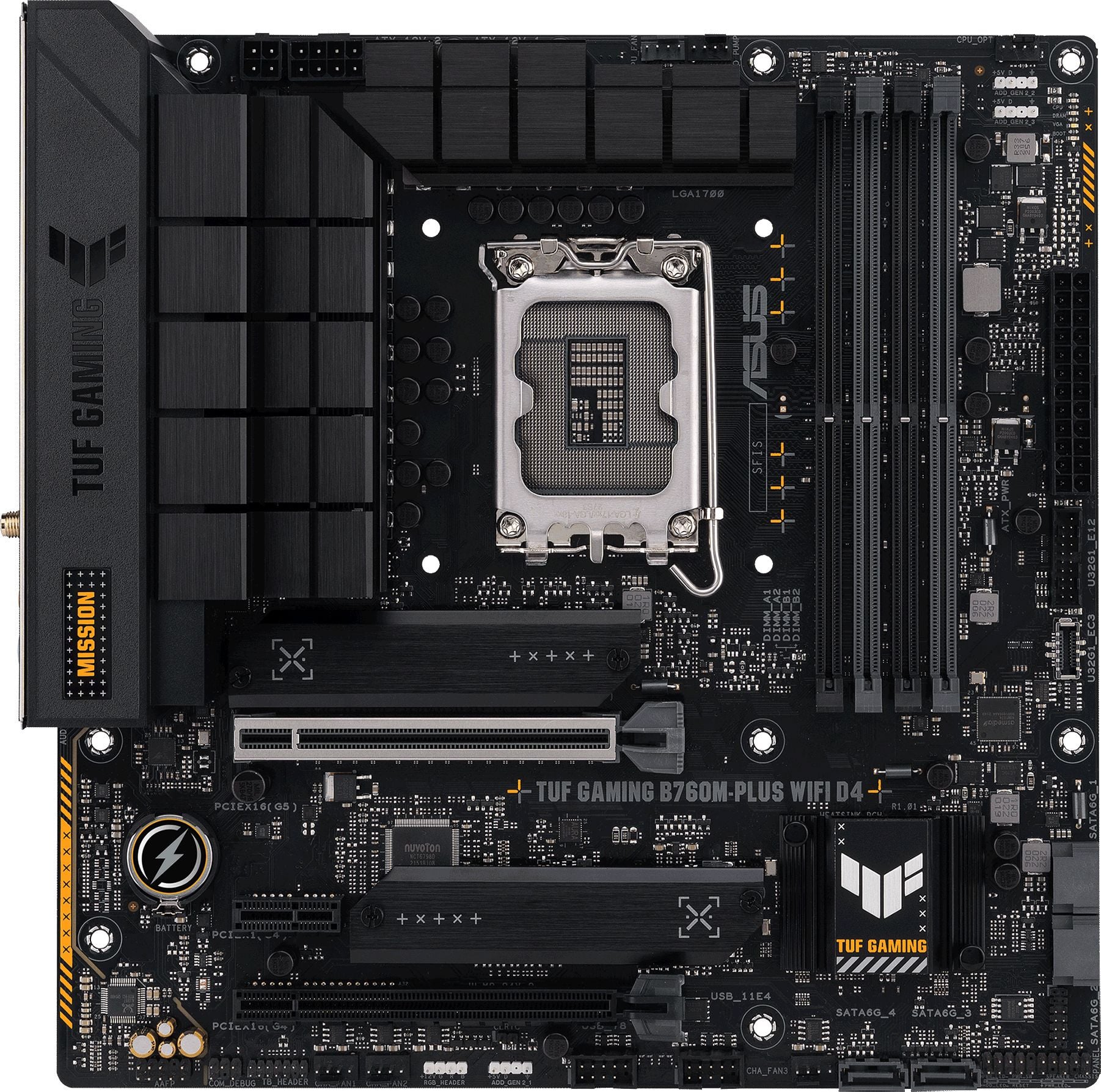 Материнская плата ASUS TUF GAMING B760M-PLUS WIFI D4, LGA 1700, Intel B760, 4xDDR4, 4xSATA, 2xM.2, 1xPCI-E 5.0 x16, 1xPCI-E 4.0 x4, 1xUSB-A 3.2 Gen 1, 4xUSB-A 3.2 Gen 2, 2xUSB 2.0, 1xUSB-C 3.2 Gen 2x2, 1x2.5Gb LAN, 5x3.5 мм, 7.1, Wi-Fi 6, Bluetooth 5.2, Micro-ATX