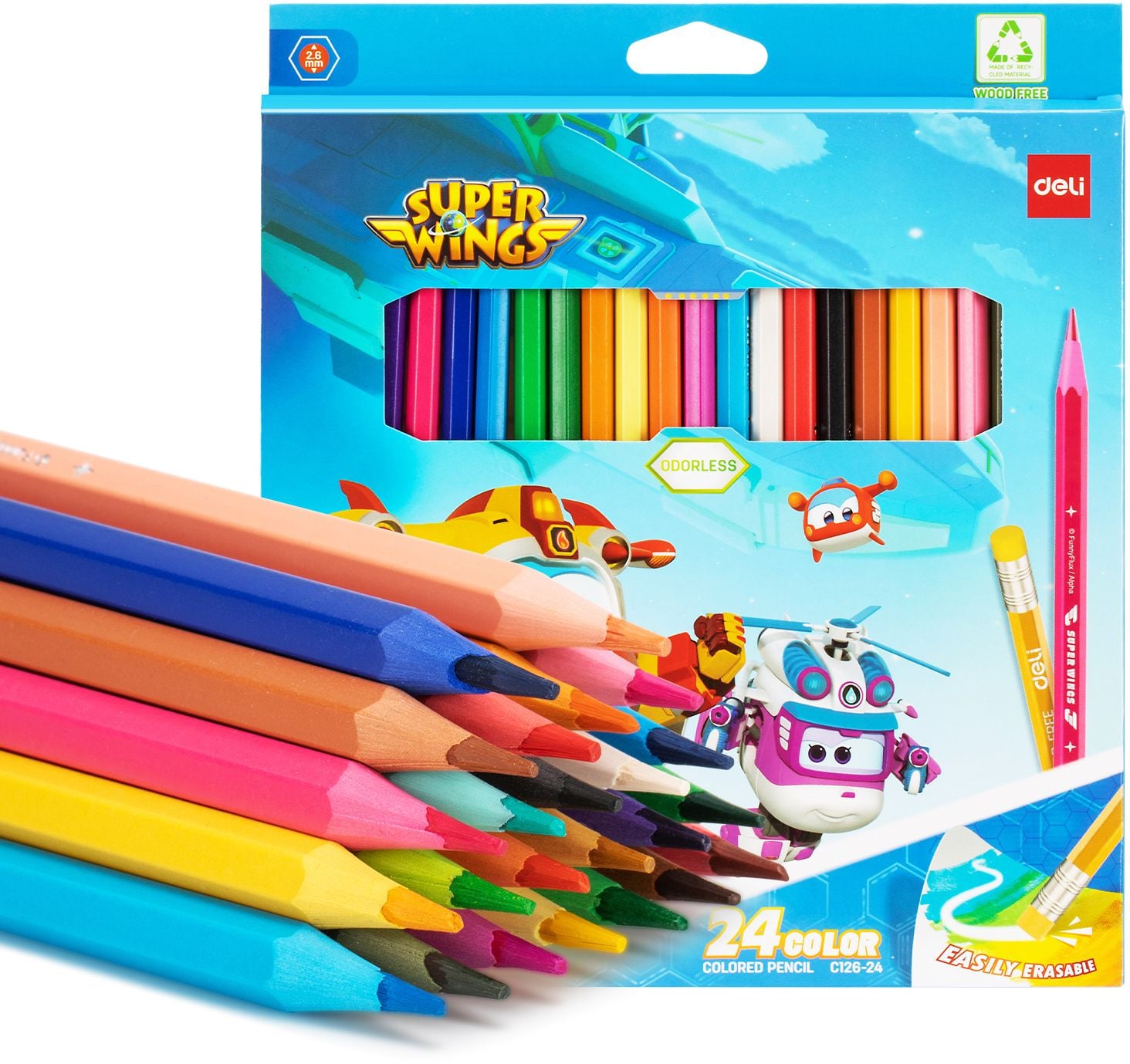 Карандаши цветные Deli EC126-24 Super Wings, шестигранный профиль, пластик коробка с европодвесом (24шт)