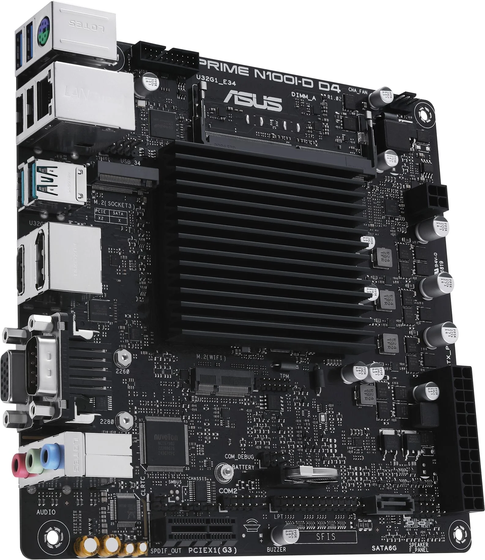 Материнская плата ASUS PRIME N100I-D D4-CSM, BGA1264, SoC, 1xSO-DIMM DDR4, 1xSATA, 1xM.2, 1xPCI-E 3.0 x1, 1xDP, 1xHDMI, 1xVGA, 1x 1Gb LAN, 2xUSB-A 2.0, 2xUSB-A 3.2 Gen 1, 2xUSB-A 3.2 Gen 2, 3x3.5 мм, 7.1, Mini-ITX