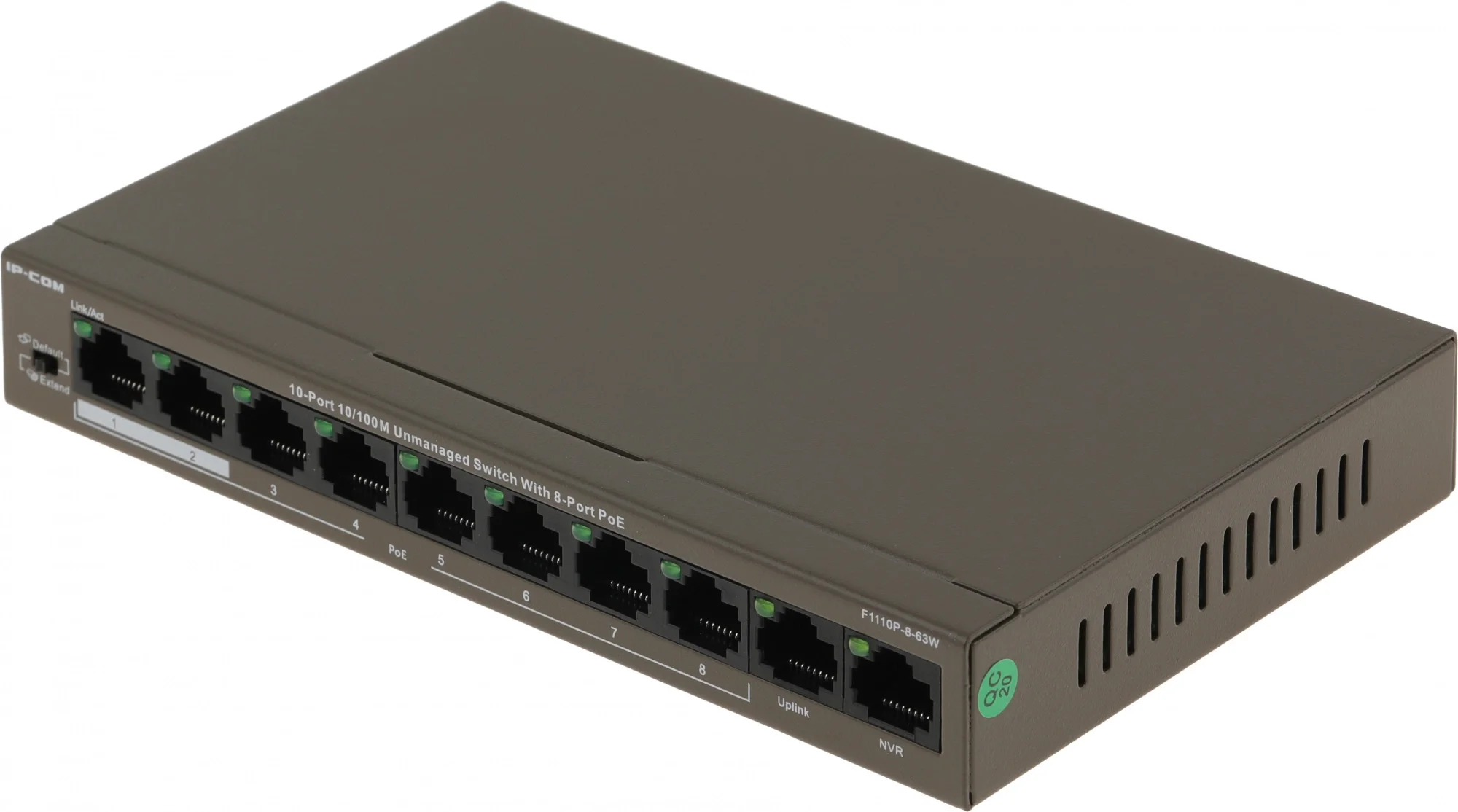 IP-COM F1110P-8-63W Коммутатор неуправляемый PoE, 10 портов, 10x100 Мбит/с, PoE 8х30 Вт, 2хUplink, настольный