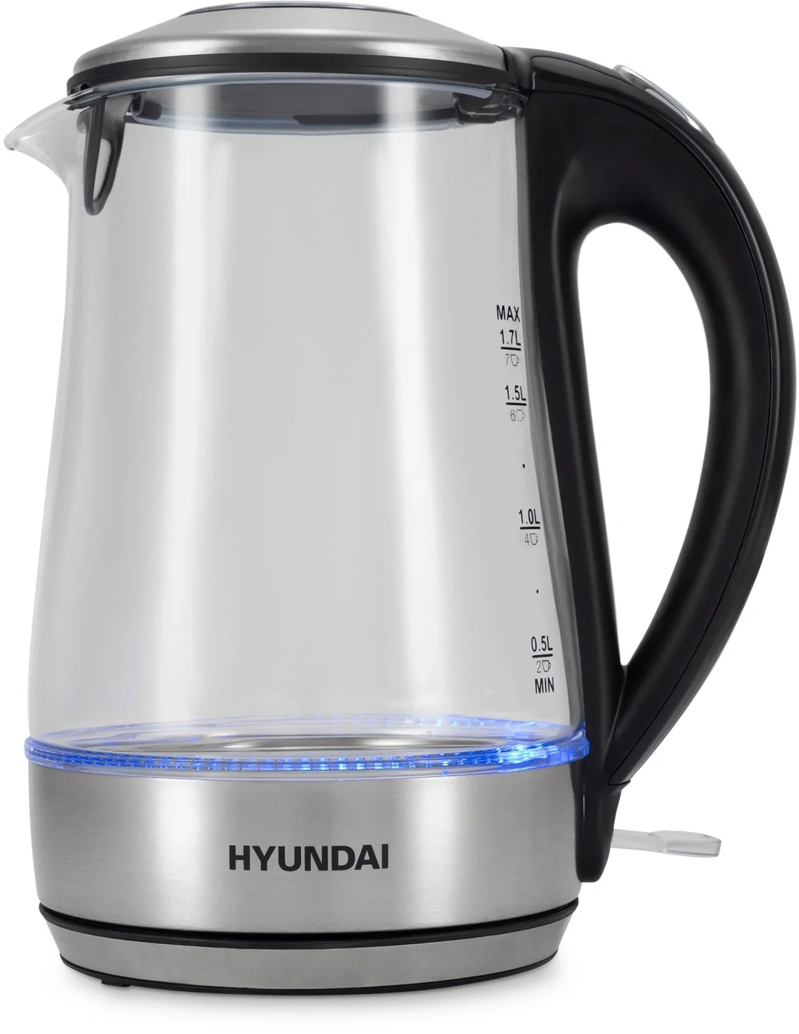 Чайник электрический Hyundai HYK-G8406 1.7 л, 2200 Вт, прозрачный/черный (корпус: нержавеющая сталь)