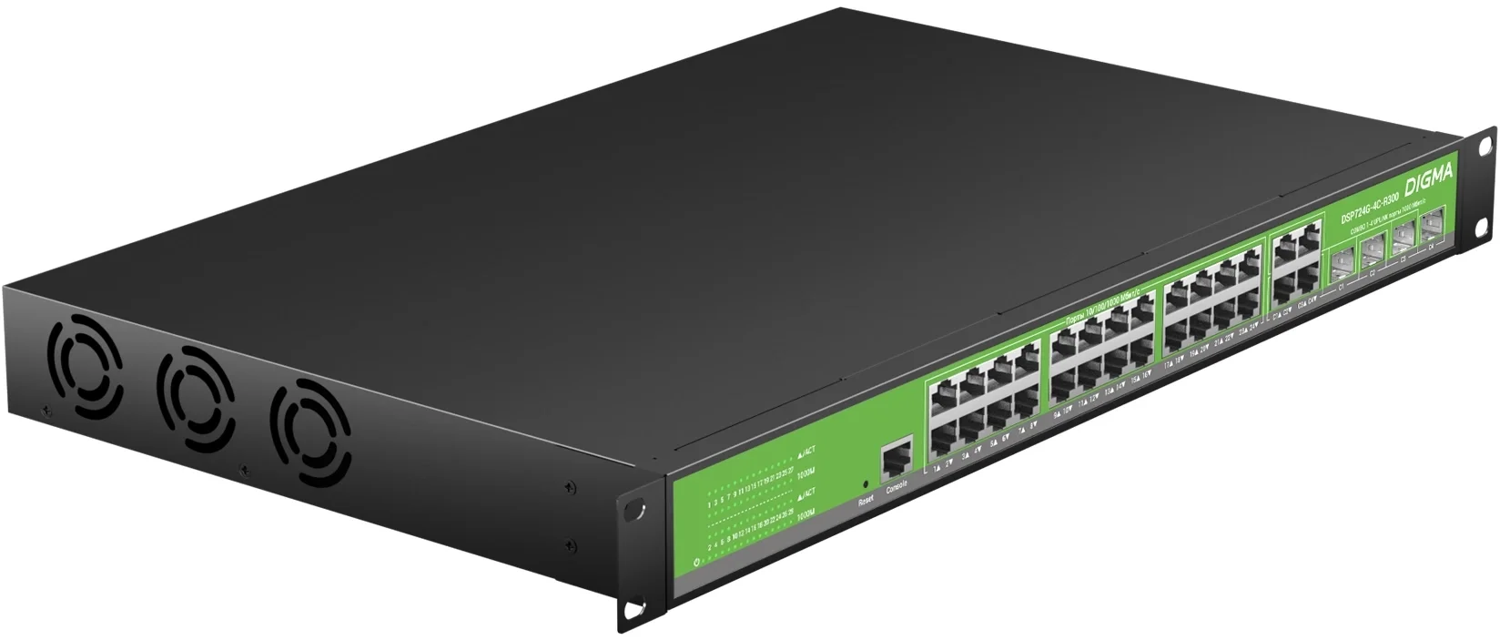 Коммутатор Digma DSP724G-4C-R300 (L2+) 24x1 Гбит/с 4xКомбо(1000BASE-T/SFP) 24PoE 24PoE+ 300W управляемый