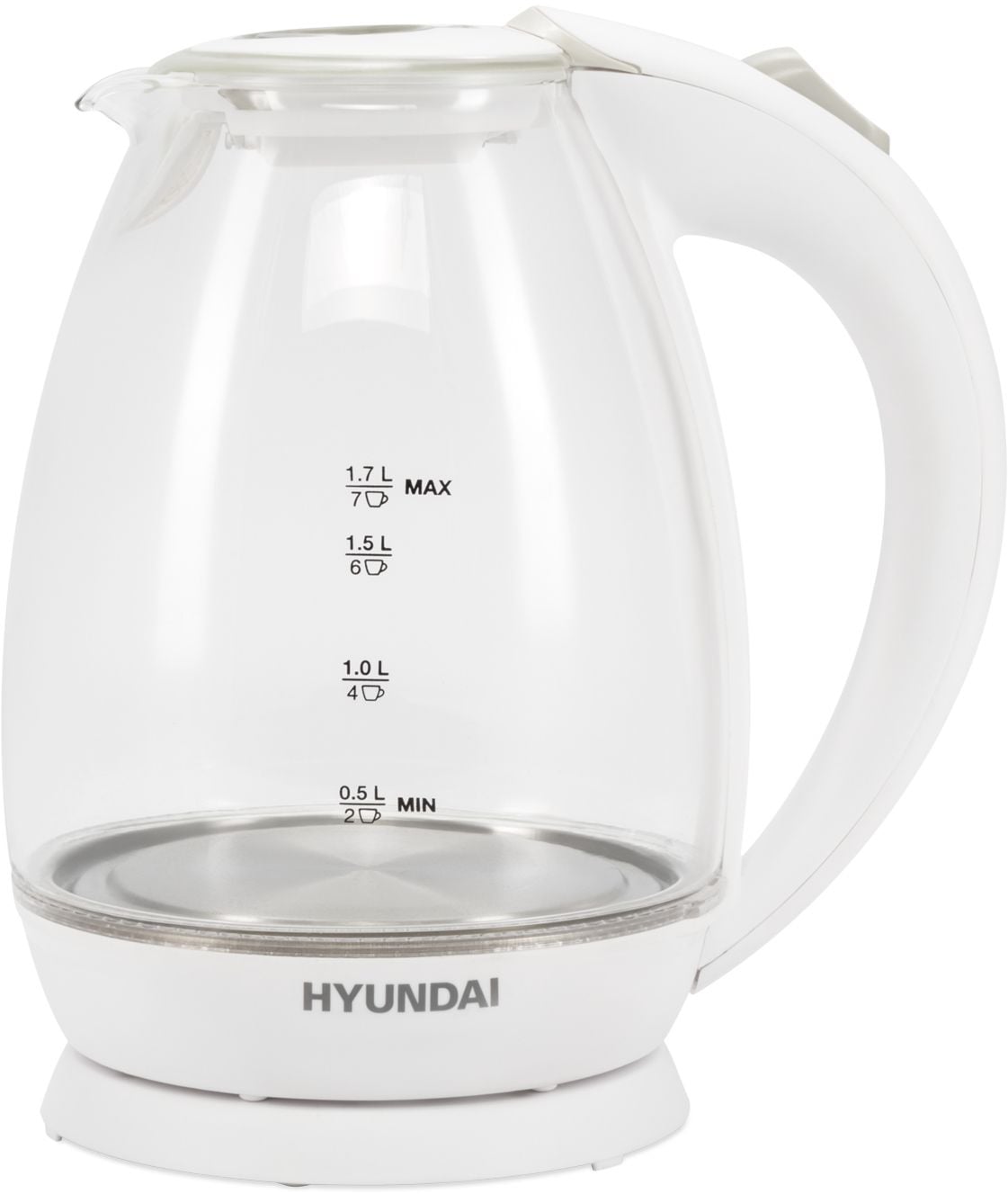 Чайник Hyundai HYK-G2409, 1.7 л, 2200 Вт, стекло/пластик, белый/серебристый