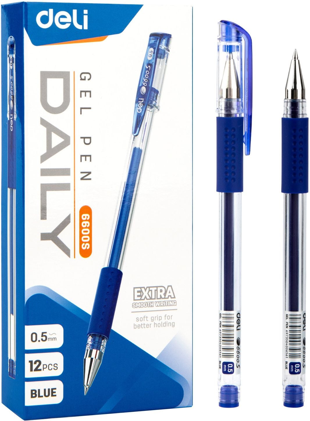 Ручка гелевая Deli Daily E6600SBlue прозрачный, d=0.5мм, синие чернила, резиновая манжета