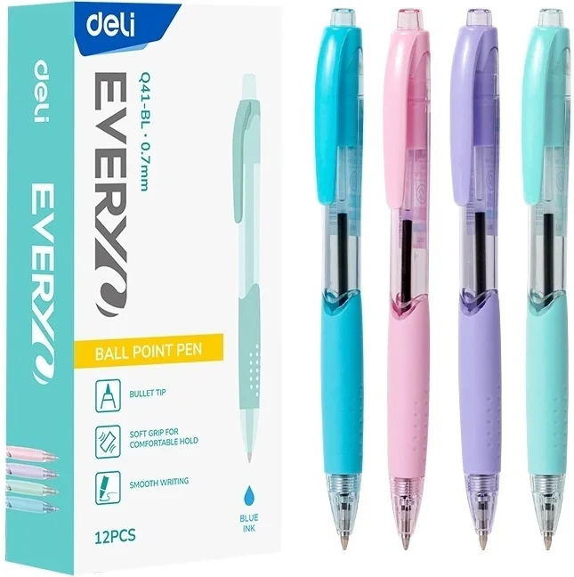Ручка шариковая автоматическая Deli Every EQ41-BL прозрачный/ассорти, d=0.7мм, синие чернила, резиновая манжета
