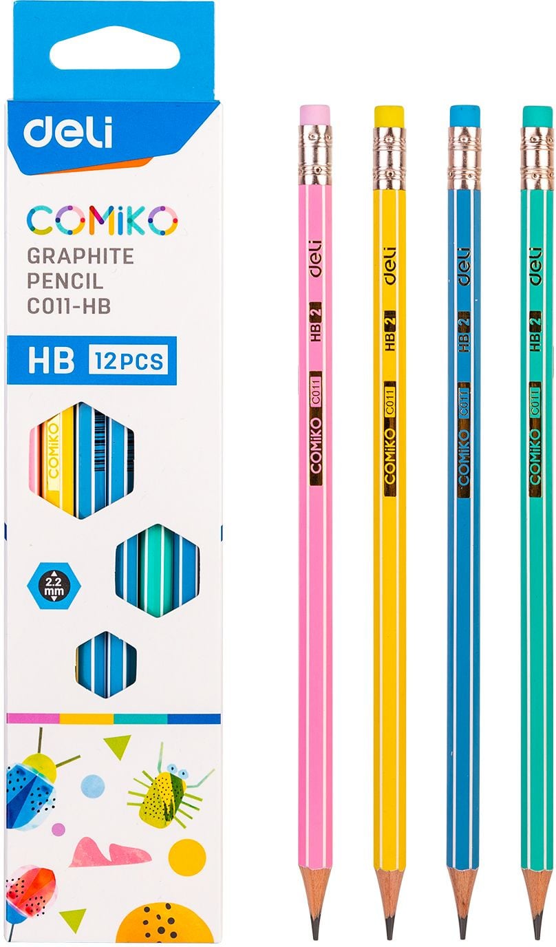 Карандаш чернографитный Deli EC011-HB Comiko HB, шестигранный, липа, ассорти, коробка с европодвесом (12шт) ластик