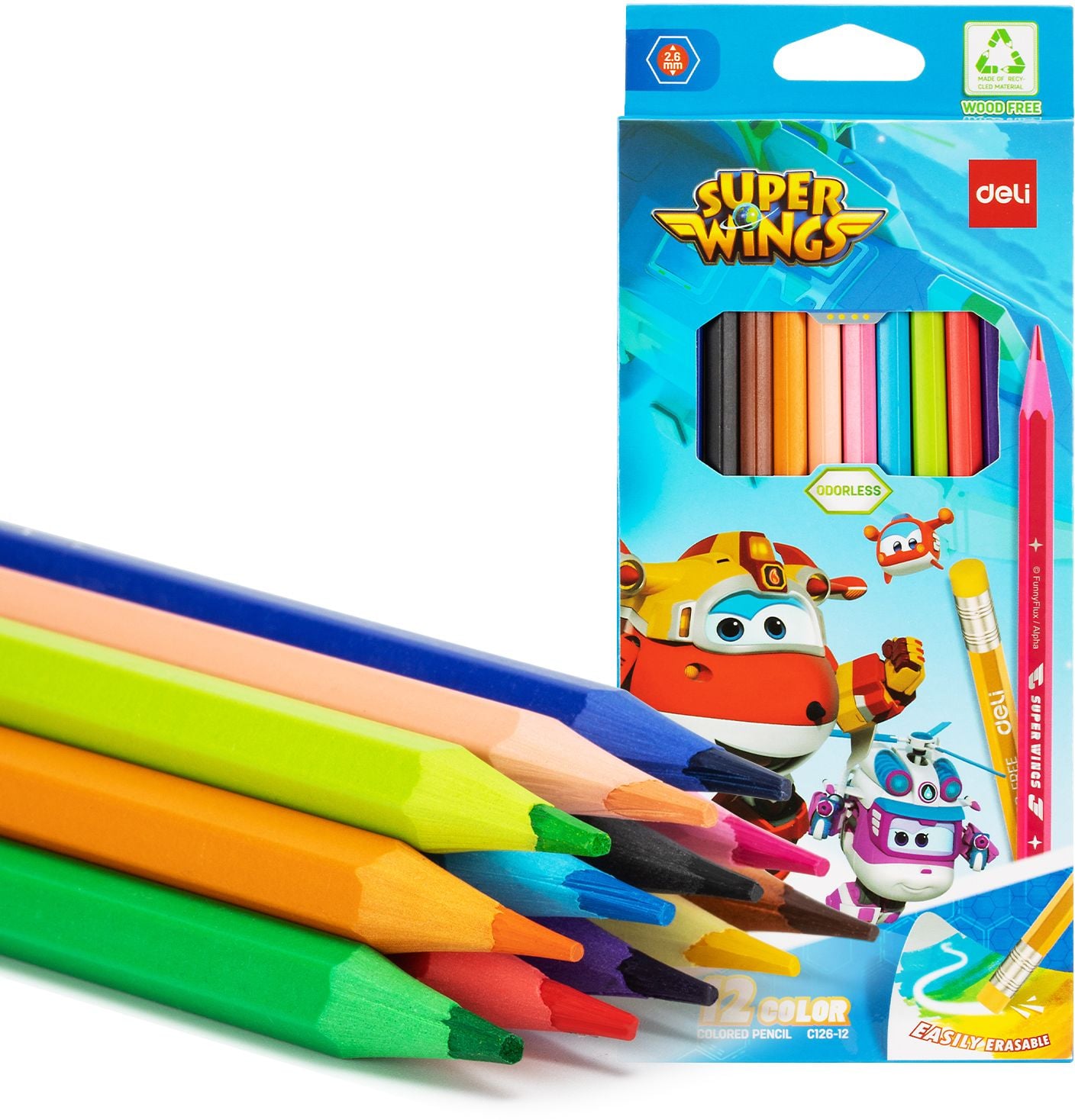 Карандаши цветные Deli EC126-12 Super Wings, шестигранный профиль, пластик коробка с европодвесом (12шт)