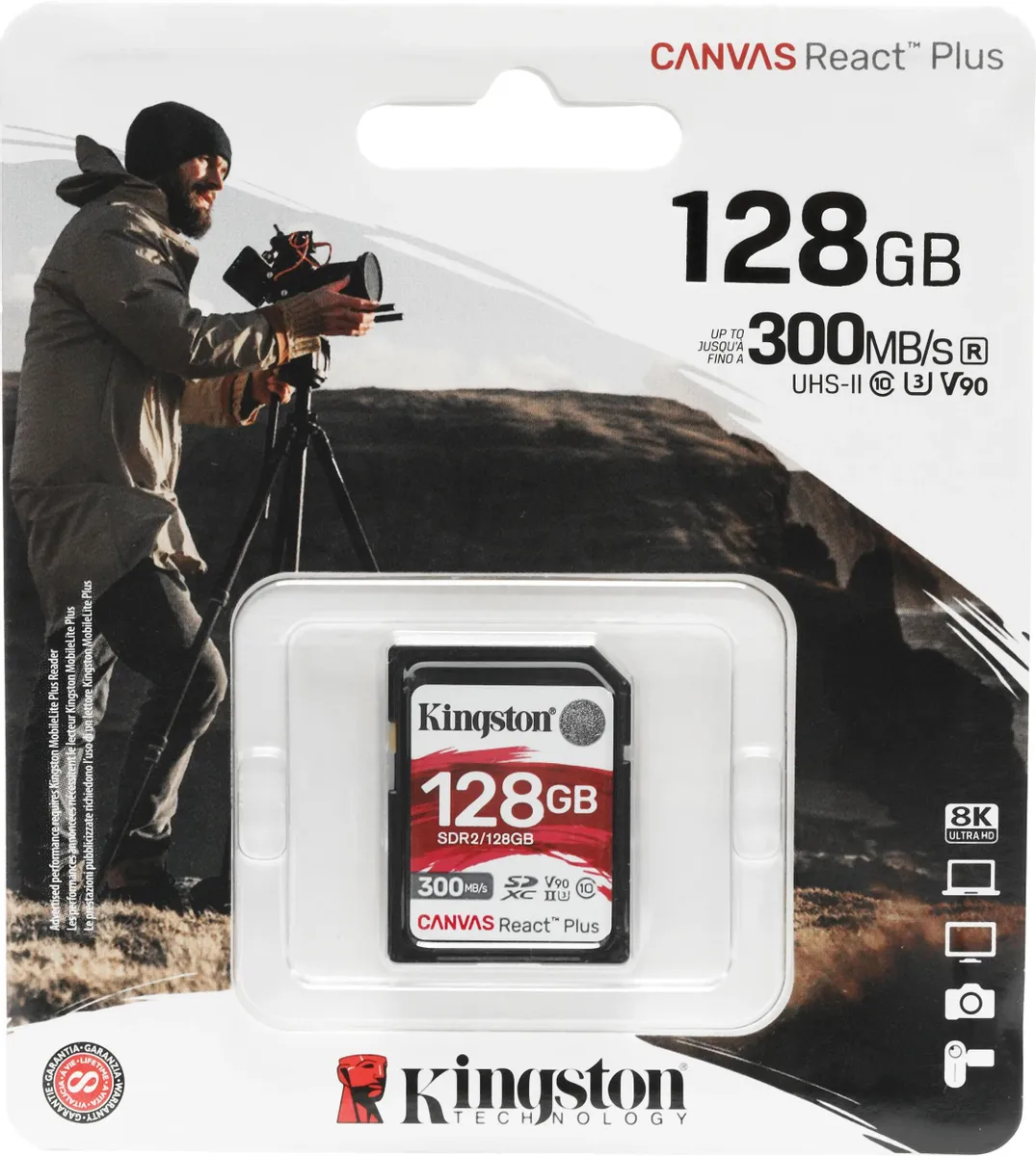 SecureDigital 128GB Kingston SDHC, UHS-II Class U3 V90, чтение: 300Мб/с, запись: 260Мб/с <SDR2/128GB>