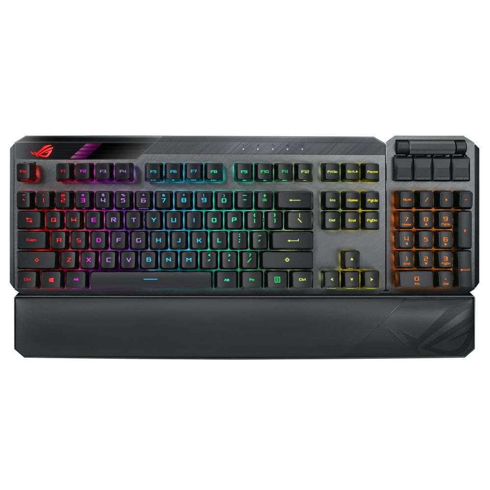 Клавиатура беспроводная игровая ASUS ROG Claymore II (ROG Red RX Optical Mechanical switches, USB/2.4Ггц, 4000 мАч, RGB подсветка, отсоединяемый нампад, подставка под запястья, 90MP01W0-BKRA00)