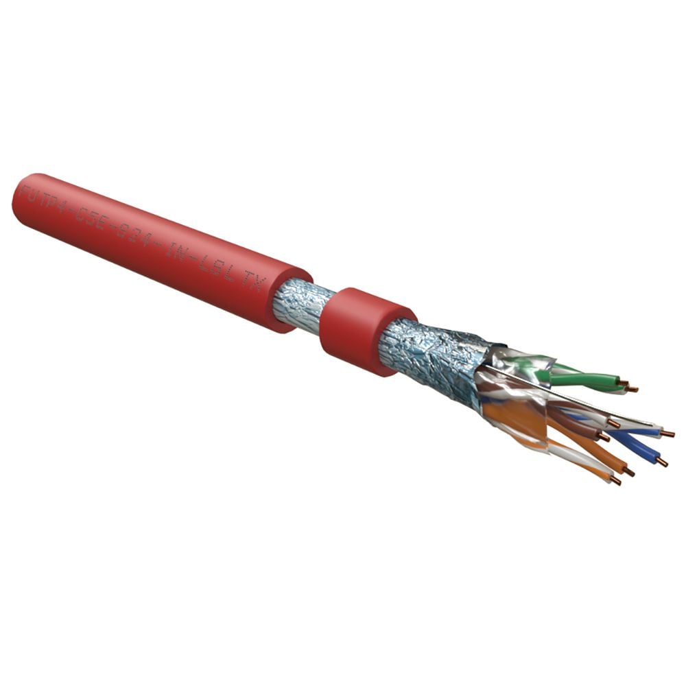 Кабель Hyperline FUTP4-C5E-S24-IN-LSLTX-RD-305 (305м) витая пара, экранированный F/UTP, общий экран фольга, категория 5e, 4 пары 24 AWG, 4х2х0,51 мм, однопроволочные
жилы, нг(А)-LSLTx, внутренний -20°C – +60°C, красный,
системная гарантия 25 лет