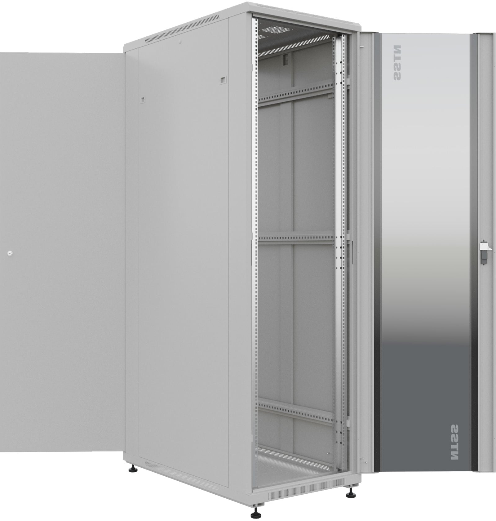 NTSS Шкаф напольный универсальный серверный NTSS R 42U 600х1000мм, 4 профиля 19, двери стекло и сплошная металл, боковые стенки съемные, регулируемые опоры, разобранный, серый RAL 7035 NTSS-R42U60100G