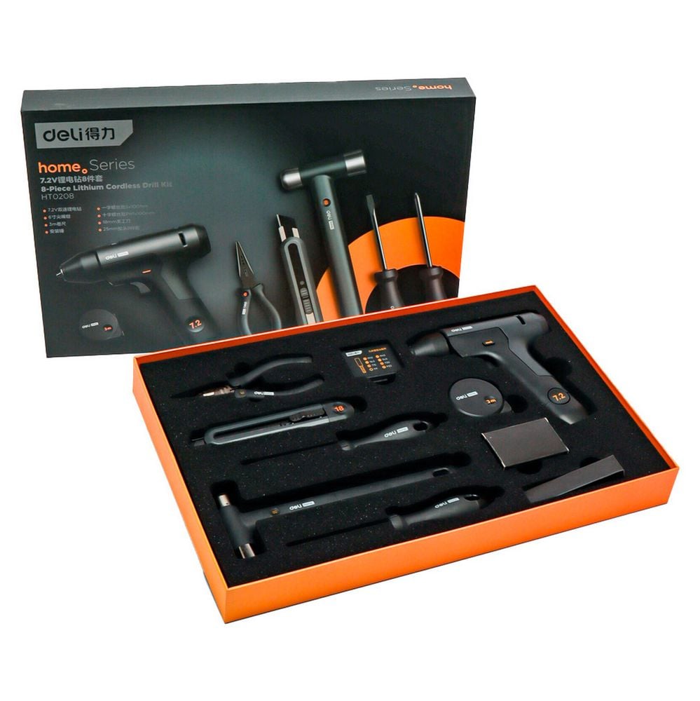 Набор ручного инструмента + шуруповерт "Home Series Black" Deli HT0208  8 предметов bp Bad Pack 