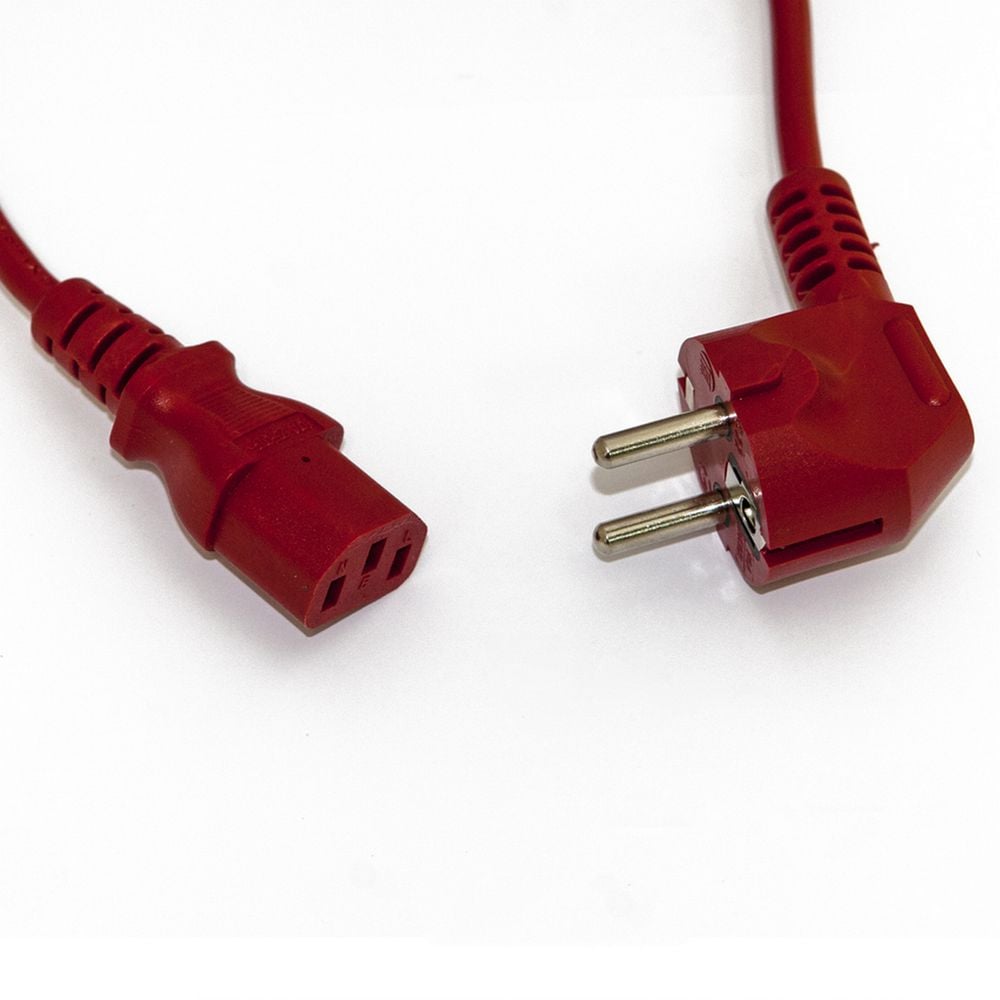 Сетевой кабель Hyperline PWC-IEC13-SHM-1.8-RD питания компьютера (Schuko+C13) (3x0.75), 10A, угловая вилка, 1.8м, цвет красный (ПВС-АП-3*0,75-250-S22C13-10-1,8 ГОСТ 28244-96)