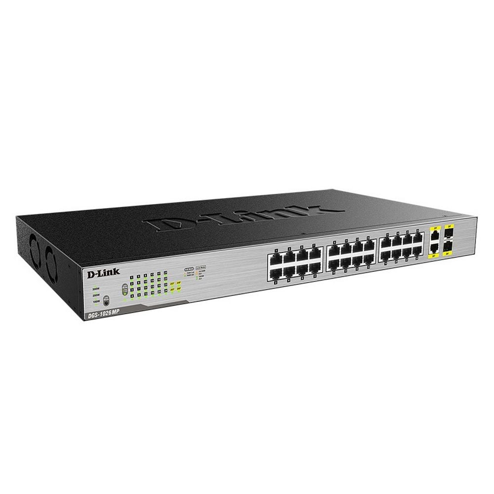 Коммутатор неуправляемый D-Link DGS-1026MP/B1A с 24 портами 10/100/1000Base-T, 2 комбо-портами 100/1000Base-T/SFP и функцией энергосбережения (24 порта PoE 802.3af/at (30 Вт), PoE-бюджет 370 Вт)