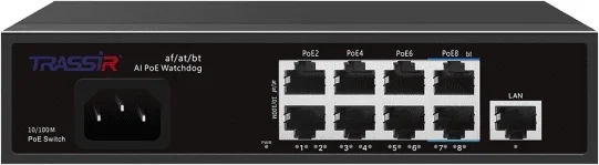 Коммутатор неуправляемый TRASSIR TR-NS1109-120-8PoE Fast Ethernet РоЕ оснащен восемью РоЕ-портами RJ-45 и 1 uplink-портом 10/100 Мбит/с. Дальность пер