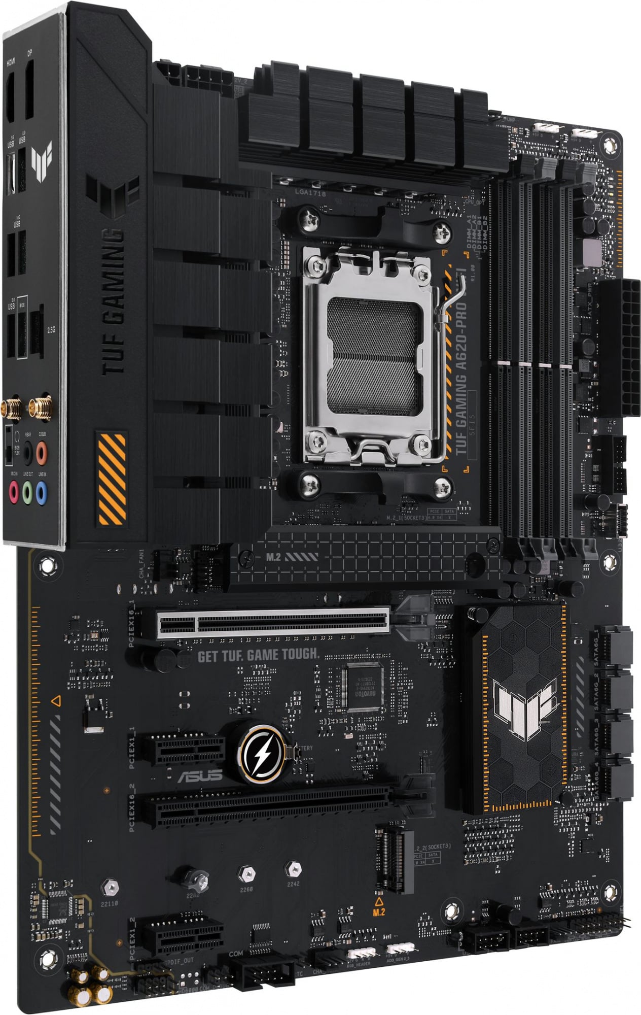 ASUS TUF GAMING A620-PRO WIFI (Socket AM5, ATX, 4xDDR5(192GB), DP/HDMI 2.0, 1xPCIe 4.0x16/1xPCIe 3.0x16/2xPCIe 3.0, 1xLAN (2.5GbE), Wi-Fi, BT, 4xSATA 6Gb/s, 2xM.2, 2xUSB 3.2, 3xUSB 2.0)