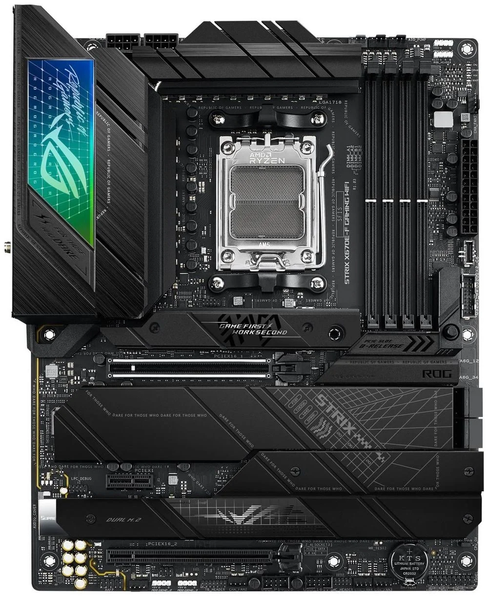 Материнская плата ASUS ROG STRIX X670E-F GAMING WIFI, AM5, AMD X670, 4xDDR5, 4xSATA, 4xM.2, 1xPCIe 5.0 x16, 1xPCIe 4.0 x4, 1xHDMI, 1xDP, 1x 2.5Gb LAN, 2xUSB-C 3.2 Gen 2, 2xUSB-C 3.2 Gen 2x2, 2xUSB-A 2.0, 7xUSB-A 3.2 Gen 2, 5x3.5 мм, 7.1, ATX
