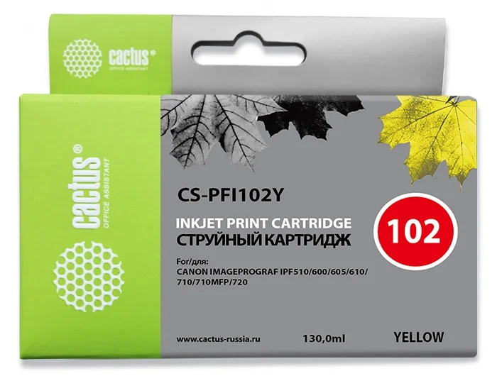 Картридж струйный CACTUS CS-PFI102Y yellow ((130мл.) для Canon IP iPF500/iPF600/iPF700/MFP M40/iPF765/LP17/LP24, с чипом) (CS-PFI102Y)