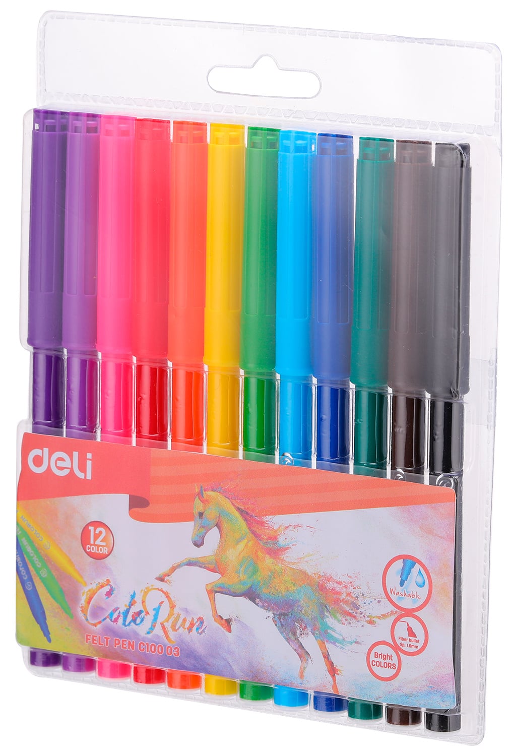 Фломастеры Deli EC10003 ColoRun, вентилируемый колпачок, 12 цветов, пакет с европодвесом