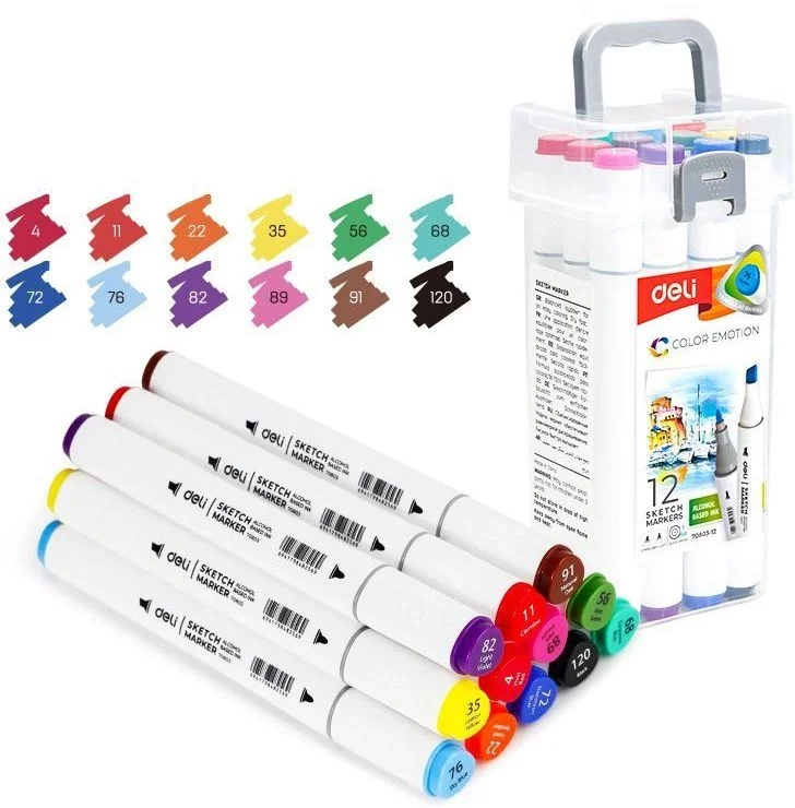 Набор маркеров для скетчинга Deli E70803-12 Color Emotion 11мм, 150мм, трехгранный корпус, двойной пишущий наконечник, 1-7мм, 12 цветов, ассорти, пластиковая коробка (12шт.)