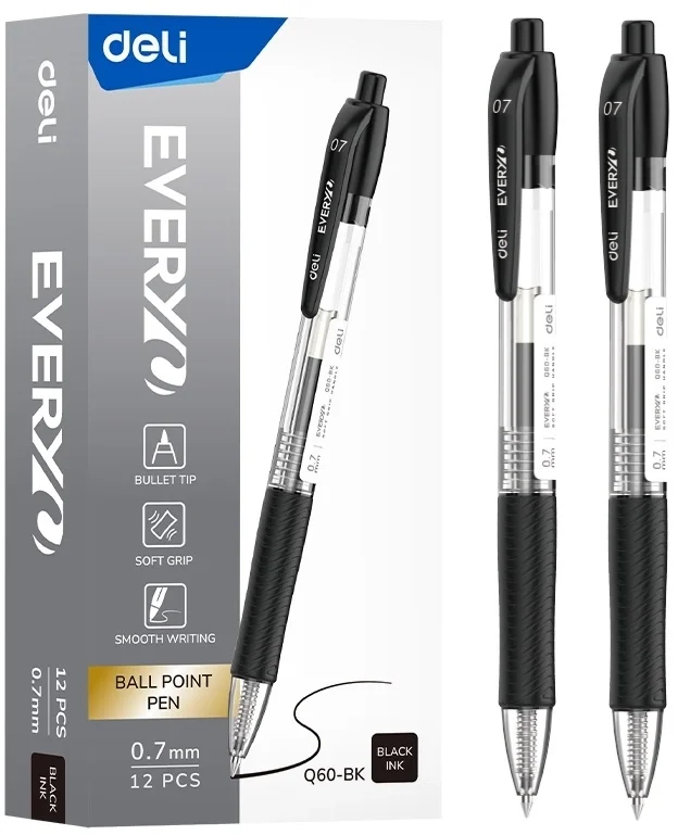 Ручка шариков. автоматическая Deli EveryU EQ60-BK прозрачный/черный d=0.7мм черн. черн. пулевидный пиш. наконечник кругл. резин. манжета