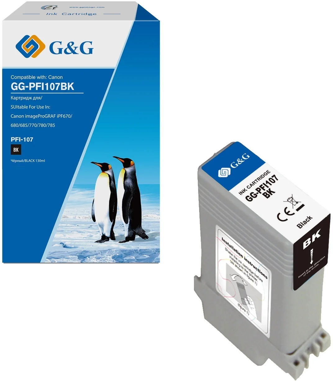 Картридж струйный G&G GG-PFI107BK PFI-107 BK черный (130мл) для Canon imageProGRAF iPF670/680/685/770/780/785