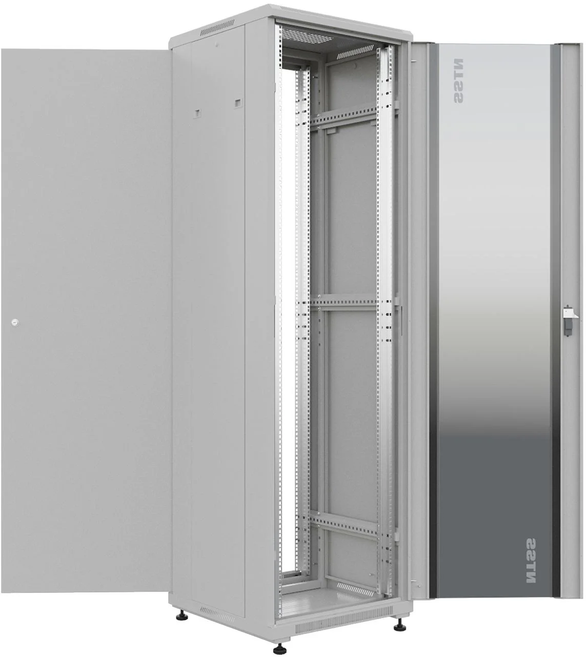 NTSS Шкаф напольный универсальный серверный NTSS R 32U 600х600мм, 4 профиля 19, двери стекло и сплошная металл, боковые стенки съемные, регулируемые опоры, разобранный, серый RAL 7035 NTSS-R32U6060GS