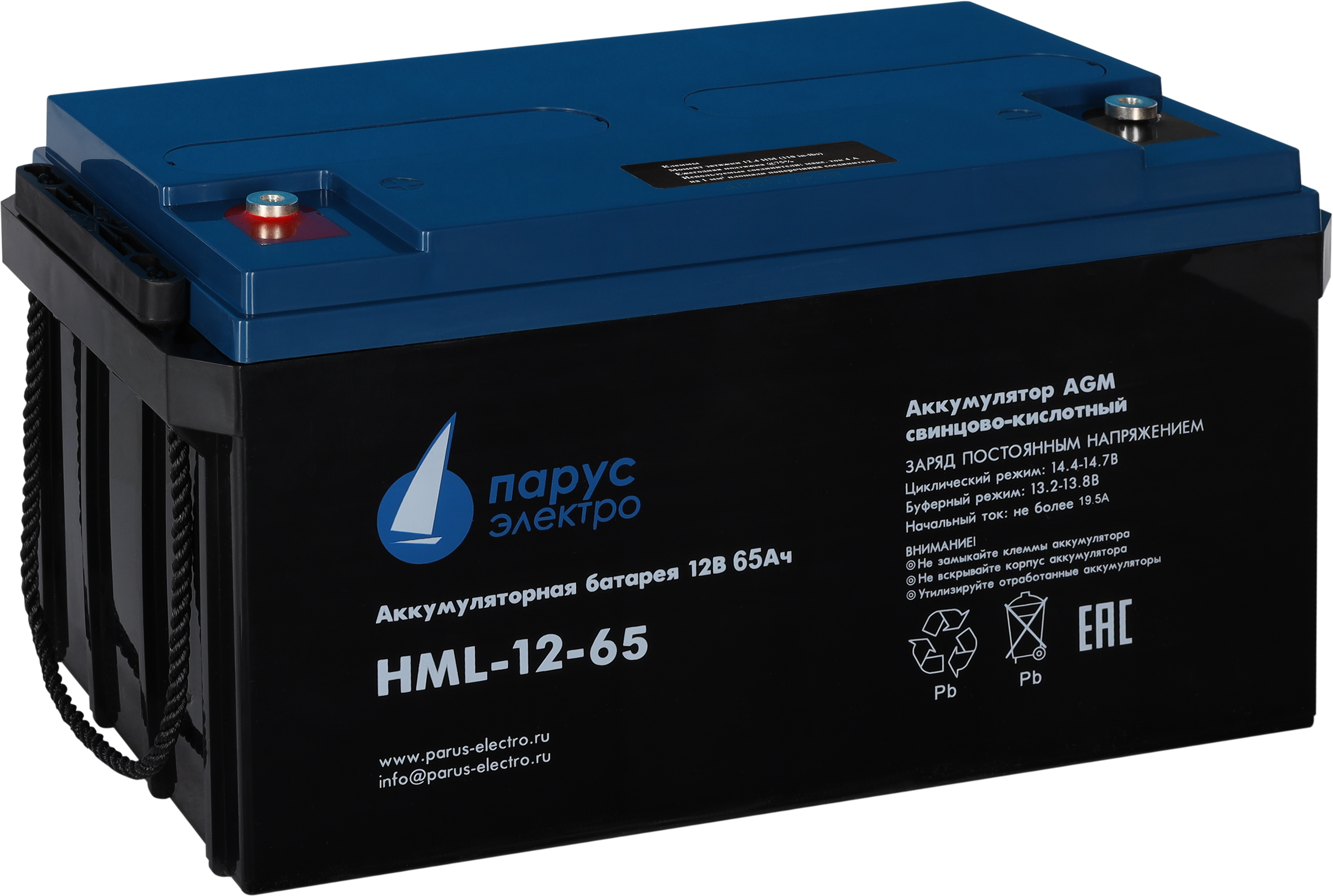 Battery Parus Electro, professional series HML-12-65, voltage 12V, capacity 65Ah (discharge 10 hours), max. discharge current (5sec) 650A, max. charge current 19.5A, lead-acid AGM type, M6 bolt terminals, LxWxH 350x167x179mm., total height with terminals 179mm., weight 23.4kg., service life 12 years.