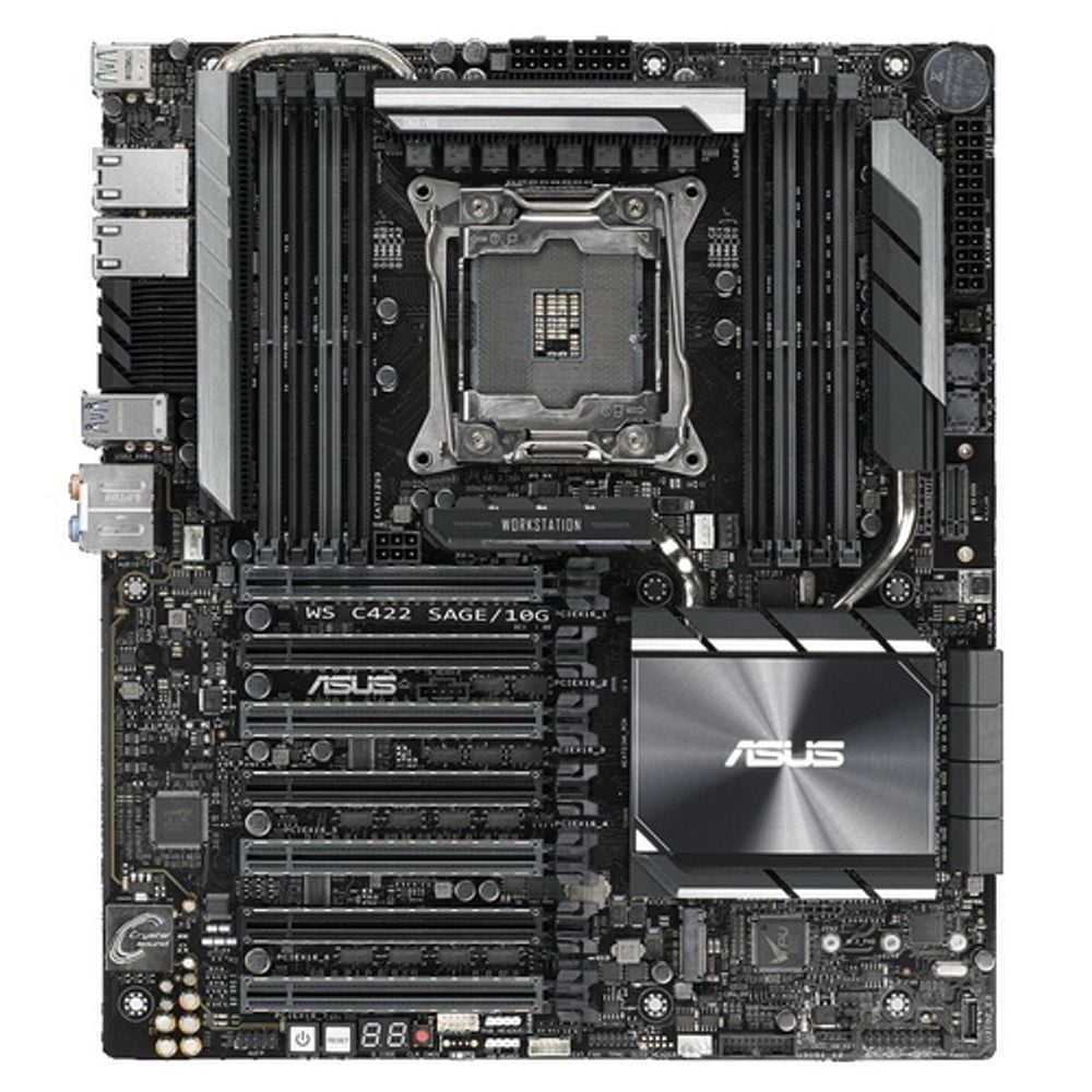Материнская плата ASUS WS C422 SAGE/10G LGA2066, LGA2066, Intel C422, 8xDDR4, 8xSATA, 2xM.2 (PCIe x4/SATA), 7xPCIe 3.0 x16, 2xPCIe x16 (через PLX), 2x10Gb LAN (Intel X550-AT2), 1xUSB-C 10Gbps, 2xUSB-A 10Gbps, 4xUSB-A 5Gbps, 1xUSB-A 2.0, 1xHDMI, 1xDisplayPort, 1xVGA, 1xCOM порт, 1xS/PDIF, 7.1 аудио (Realtek ALC S1220A), форм-фактор SSI CEB