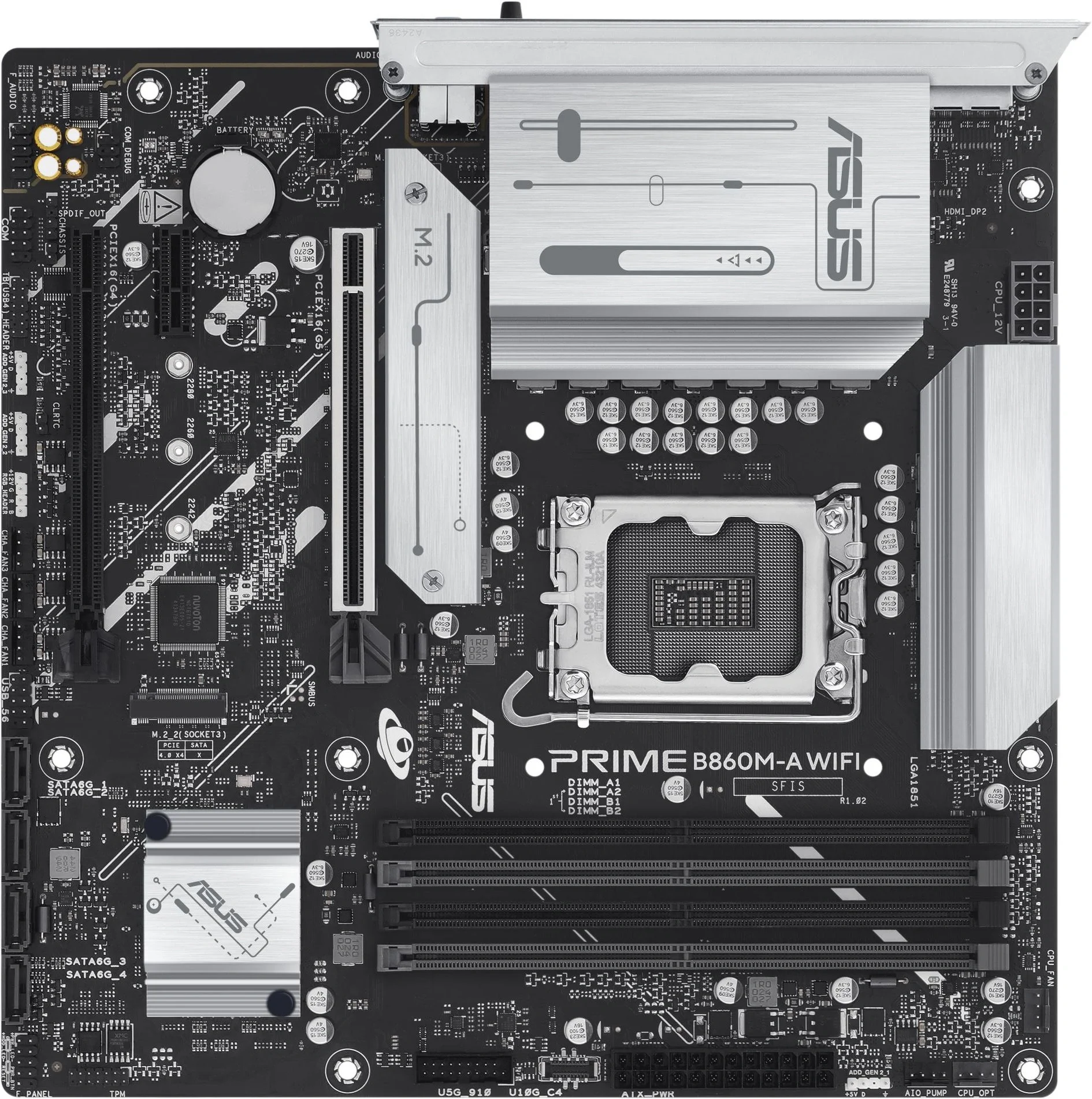 ASUS PRIME B860M-A WIFI (Socket 1851, mATX, 4xDDR5(256GB), DP/HDMI, 1xPCIe 5.0x16/1xPCIe 4.0x16/1xPCIe 4.0x1, 1xLAN(2.5GbE), Wi-Fi, BT, 4xSATA 6Gb/s, 2xM.2, 1xType-C, 3xUSB 3.2, 4xUSB 2.0)