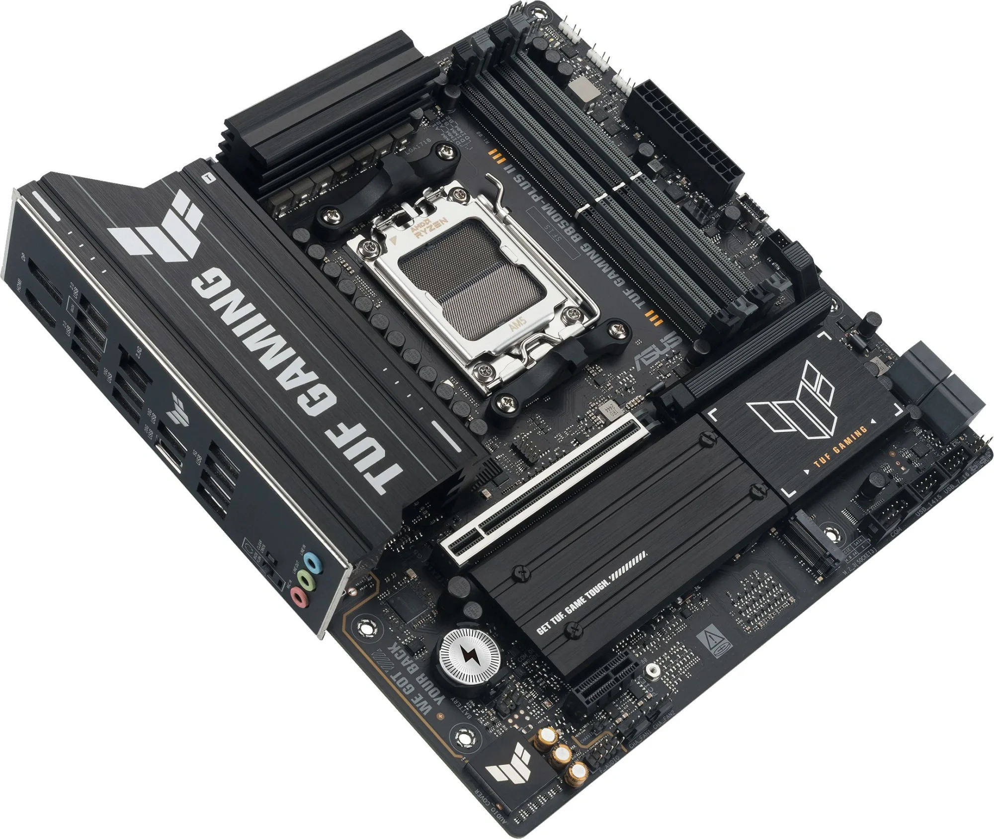Материнская плата ASUS TUF GAMING B850M-PLUS II, AM5, AMD B850, 4xDDR5, 4xSATA, 3xM.2, 1xPCIe 5.0 x16, 1xPCIe 4.0 x1, 1xHDMI, 1xDP, 1x2.5Gb LAN, 1xUSB-C 20Gbps, 3xUSB-A 10Gbps, 4xUSB-A 5Gbps, 4xUSB-A 2.0, 3x3.5 мм, 7.1, mATX