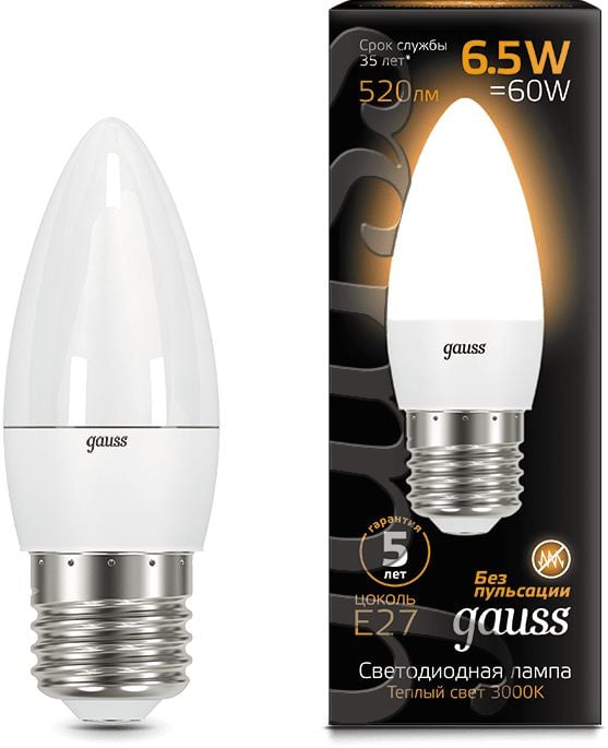GAUSS 103102107 Лампа светодиодная LED 6.5 Вт 520 Лм 3000К теплая Е27 Свеча Black Gauss (103102107)