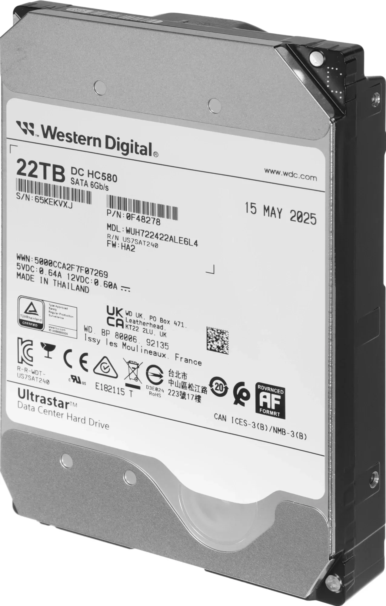Жесткий диск WD SATA-III 22TB 0F48278/0F62785 WUH722422ALE6L4 Server Ultrastar DC HC580 (7200rpm) 512Mb 3.5"