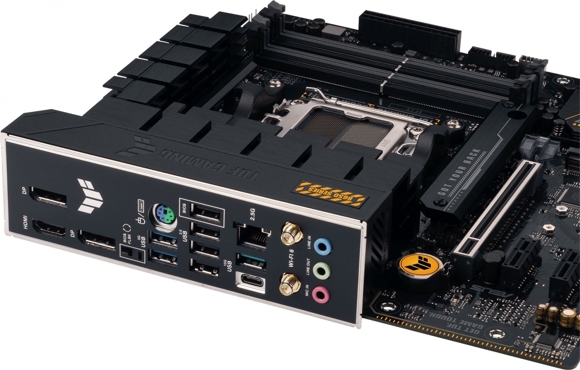 ASUS TUF GAMING B650M-E WIFI (Socket AM5, mATX, 4xDDR5(128GB), 4xDDR5(192GB), DP/HDMI, 2xPCIe 4.0x16/1xPCIe 4.0, 1xLAN (2.5GbE), Wi-Fi 6i, BT5.2, 4xSATA 6Gb/s, 3xM.2, 1xType-C, 4xUSB 3.2, 3xUSB 2.0)