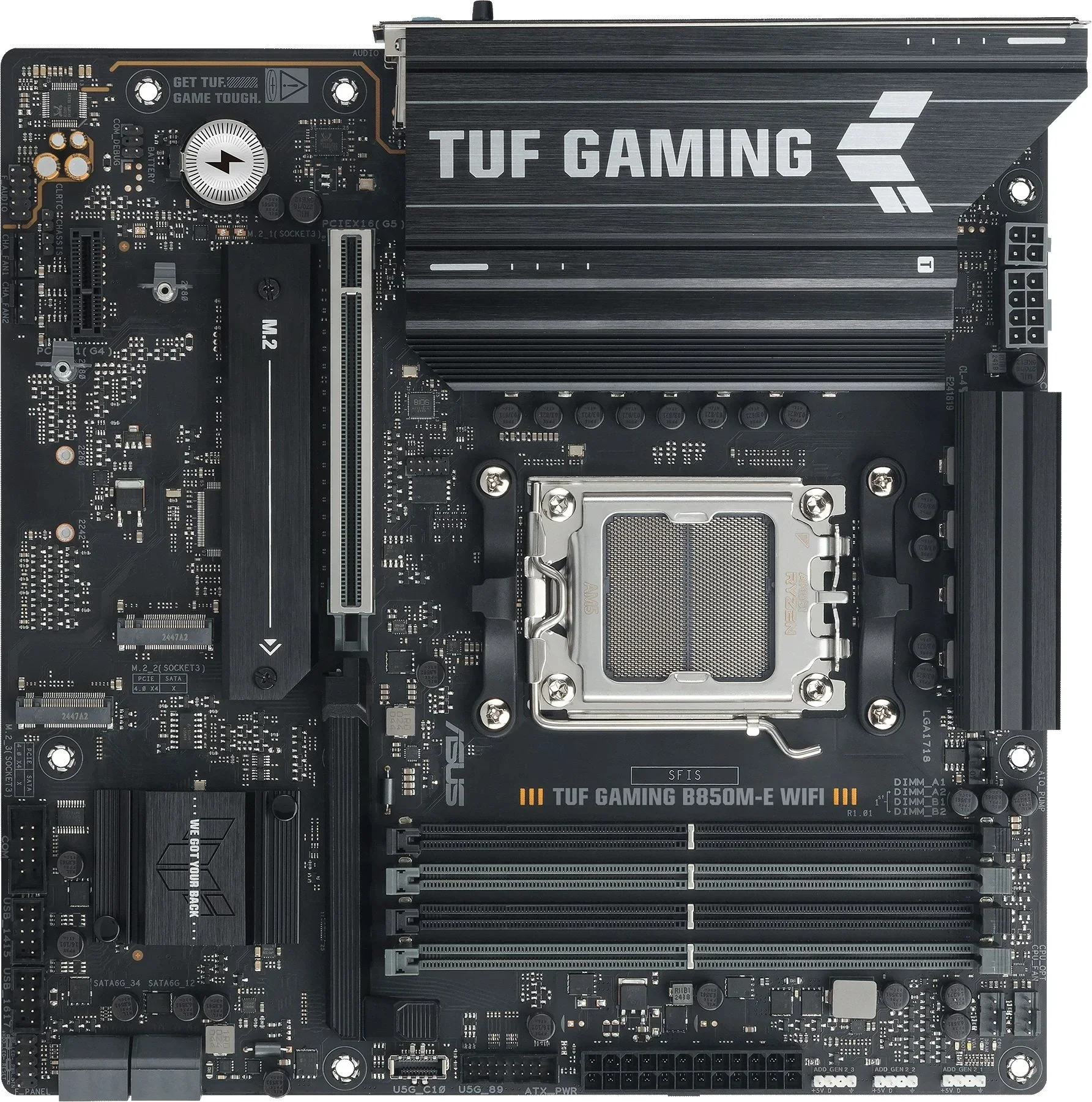 Материнская плата ASUS TUF GAMING B850M-E WIFI, AM5, AMD B850, 4xDDR5, 4xSATA, 3xM.2, 1xPCIe 5.0 x16, 1xPCIe 3.0 x1, 1xHDMI, 2xDP, 1x2.5Gb LAN, Wi-Fi 6E, Bluetooth 5.3, 1xUSB-C 10Gbps, 1xUSB-A 10Gbps, 2xUSB-A 5Gbps, 4xUSB-A 2.0, 3x3.5 мм, 7.1, mATX