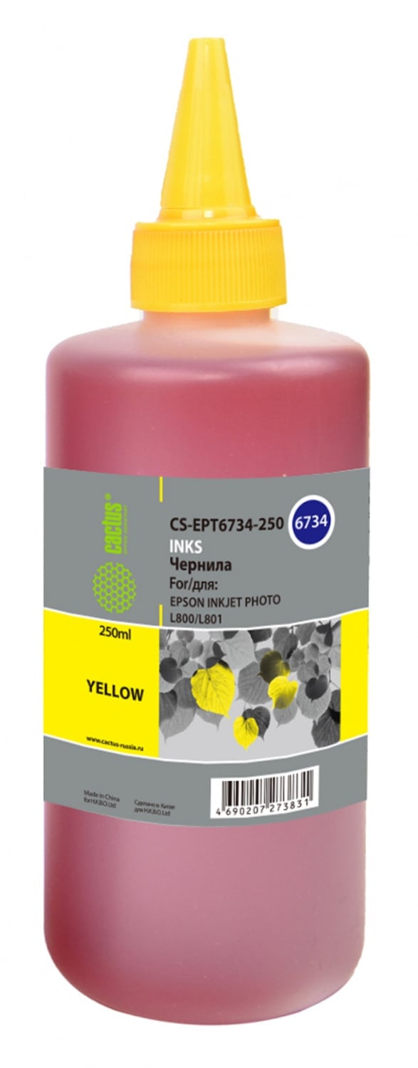 -/ Чернила Cactus CS-EPT6734-250 T6734 желтый 250мл для Epson L800/L810/L850/L1800