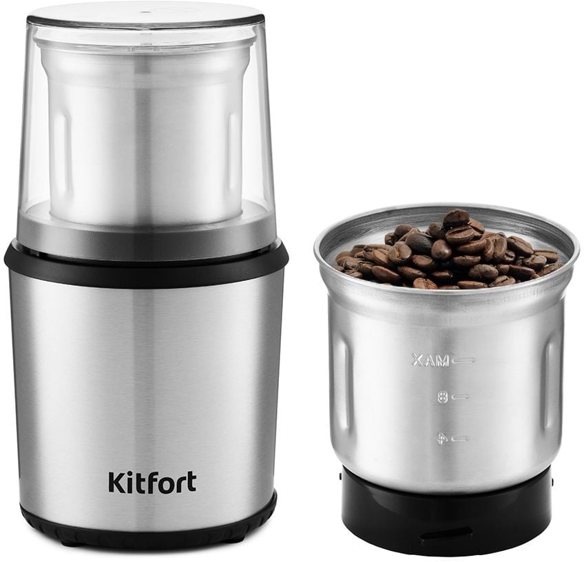 Кофемолка Kitfort КТ-757, 200Вт, система помола: ножи, вместимость: 75гр, нержавеющая сталь/черный