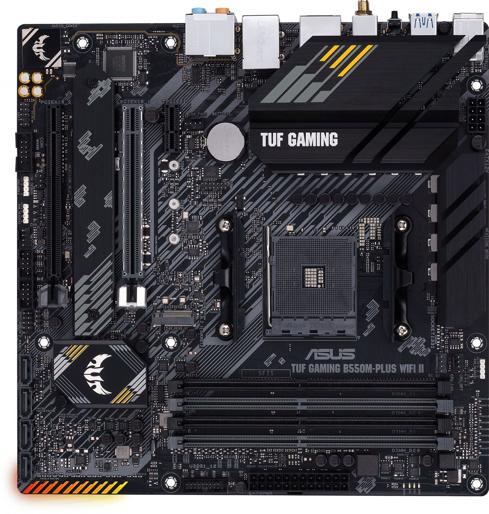 Материнская плата ASUS TUF GAMING B550M-PLUS WIFI II, Socket AM4, B550, 4*DDR4, HDMI+DP, CrossFireX, SATA3 + RAID, Audio, 2,5Gb LAN, USB 3.2*8, USB 2.0*6, COM*1 header (w/o cable) mATX ; 90MB19Y0-M0EAY0