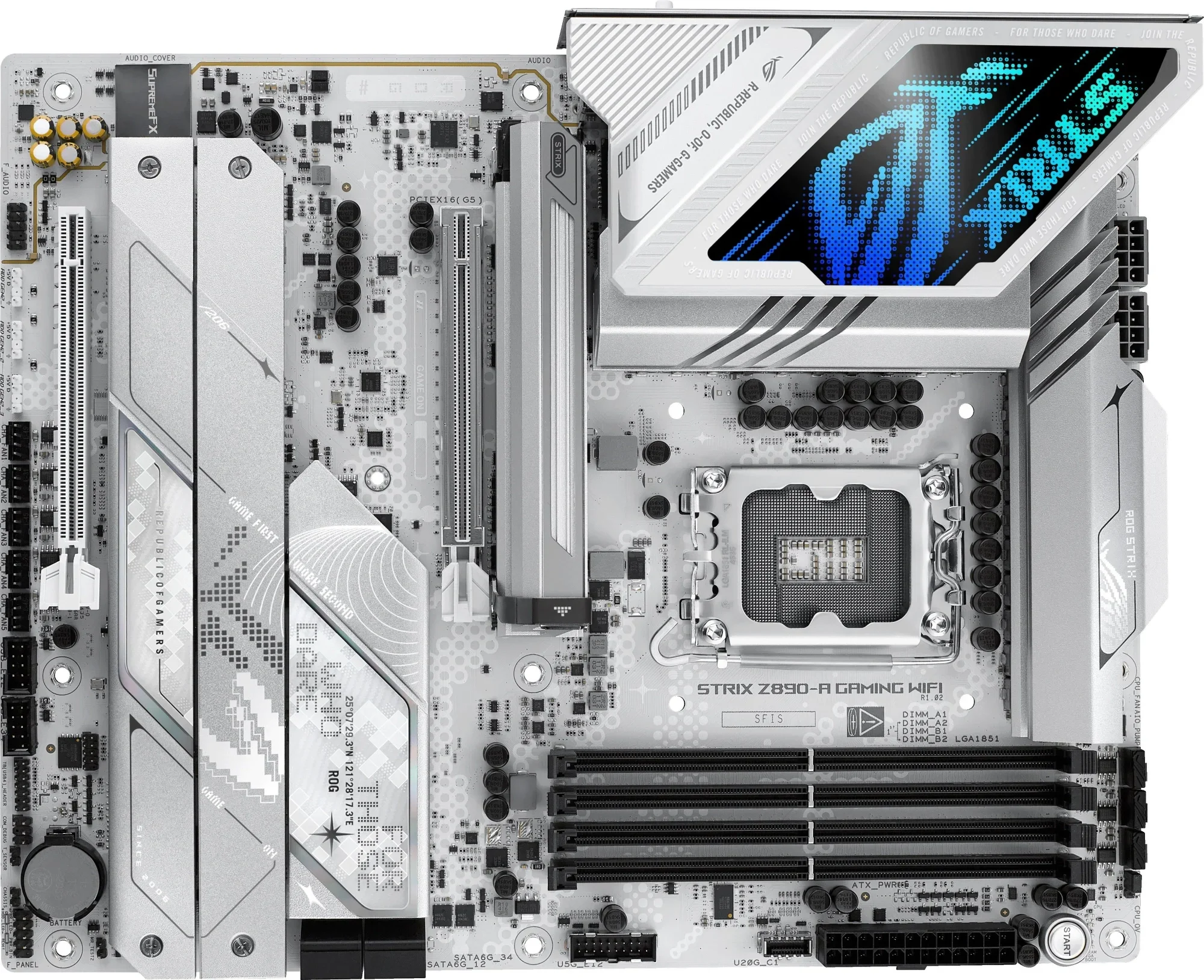 ASUS ROG STRIX Z890-A GAMING WIFI (Socket 1851, ATX, 4xDDR5(192GB), 1xPCIe 5.0x16/1xPCIe 4.0x16, 1xLAN (2.5GbE), Wi-Fi, BT, 4xSATA 6Gb/s, 5xM.2, 2xThunderbolt 4 (USB-C), 1xType-C, 7xUSB 3.2)