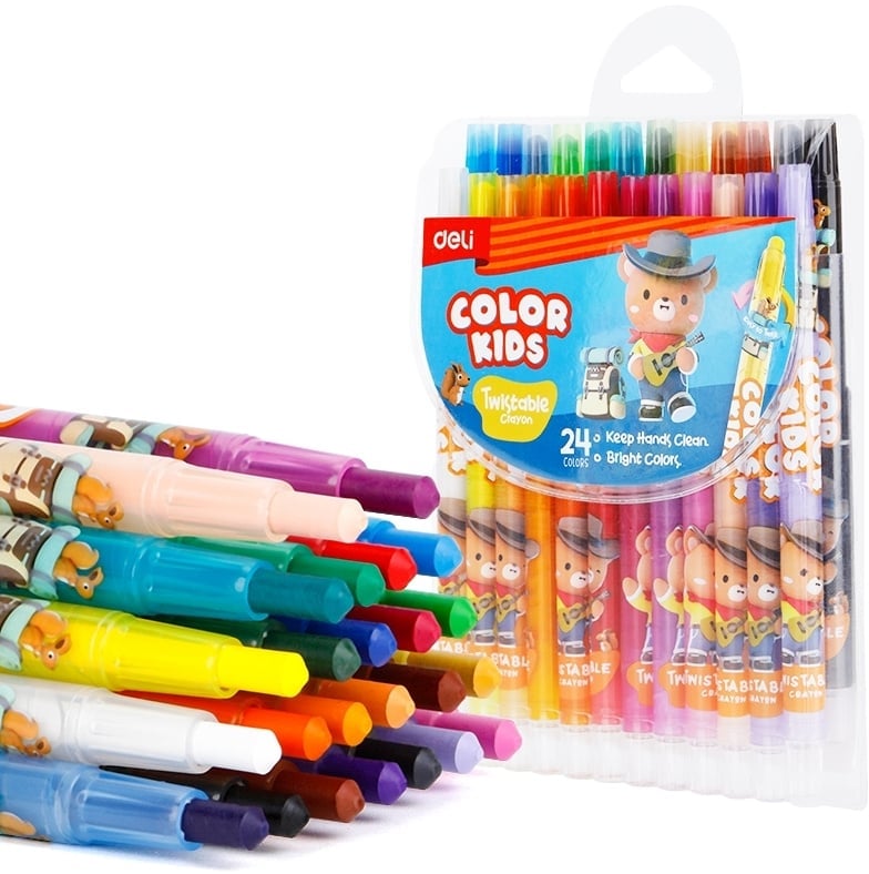 Восковые мелки Deli EC223-24 Color Kids, круглые, с поворотным механизмом, 24 цвета, длина 165мм, диаметр 10мм, блистер с европодвесом