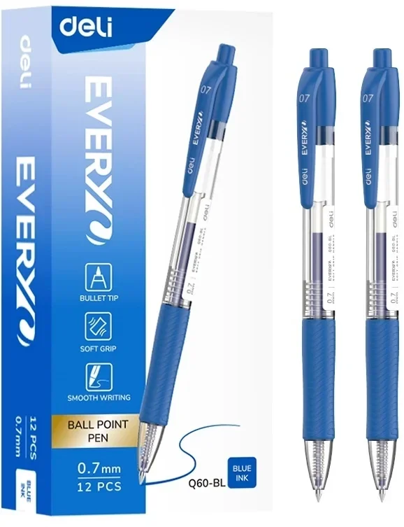 Ручка шариков. автоматическая Deli EveryU EQ60-BL прозрачный/синий d=0.7мм син. черн. 1стерж. пулевидный пиш. наконечник кругл. резин. манжета