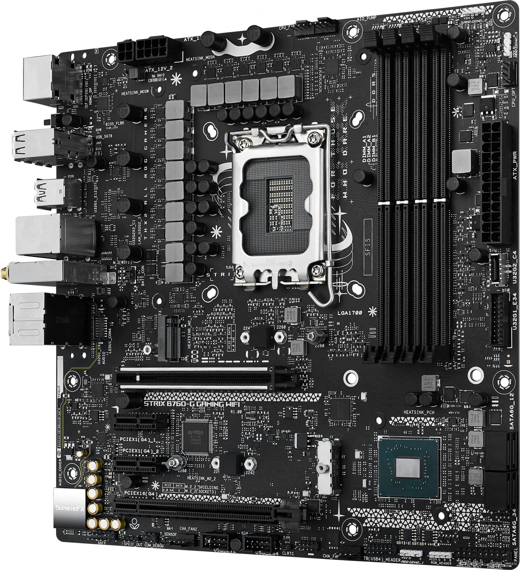 ASUS ROG STRIX B760-G GAMING WIFI (Socket 1700, ATX, 4xDDR5(192GB), DP/HDMI, 1xPCIe 5.0x16/1xPCIe 4.0x16/2xPCIe 4.0, 1xLAN (2.5GbE), Wi-Fi 6E, BT, 4xSATA 6Gb/s, 2xM.2, 2xType-С, 3xUSB 3.2, 4xUSB 2.0)