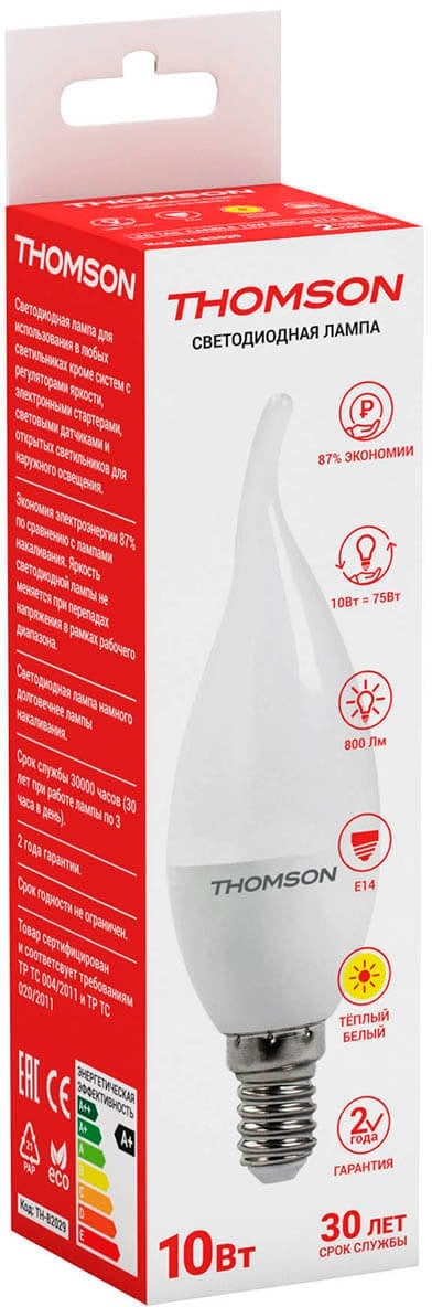 Лампа светодиодная Thomson TH-B2029 10Вт цок.:E14 свеча 220B св.свеч.бел.теп. Tail Candle (упак.:1шт)