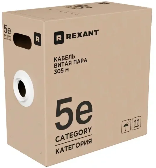Rexant (01-0043-R) Кабель витая пара U/UTP, CAT 5e, PVC, 4PR, 24AWG, INDOOR, SOLID, серый, 305м, РФ