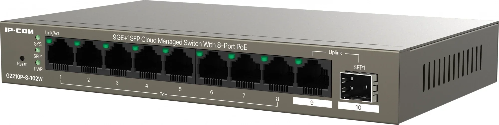 Коммутатор IP-COM G2210P-8-102W Облачный управляемый PoE коммутатор, 10 портов 9x1 Гбит/с, SFP 1x1 Гбит/с, PoE 8x30Вт, настольный, металлический