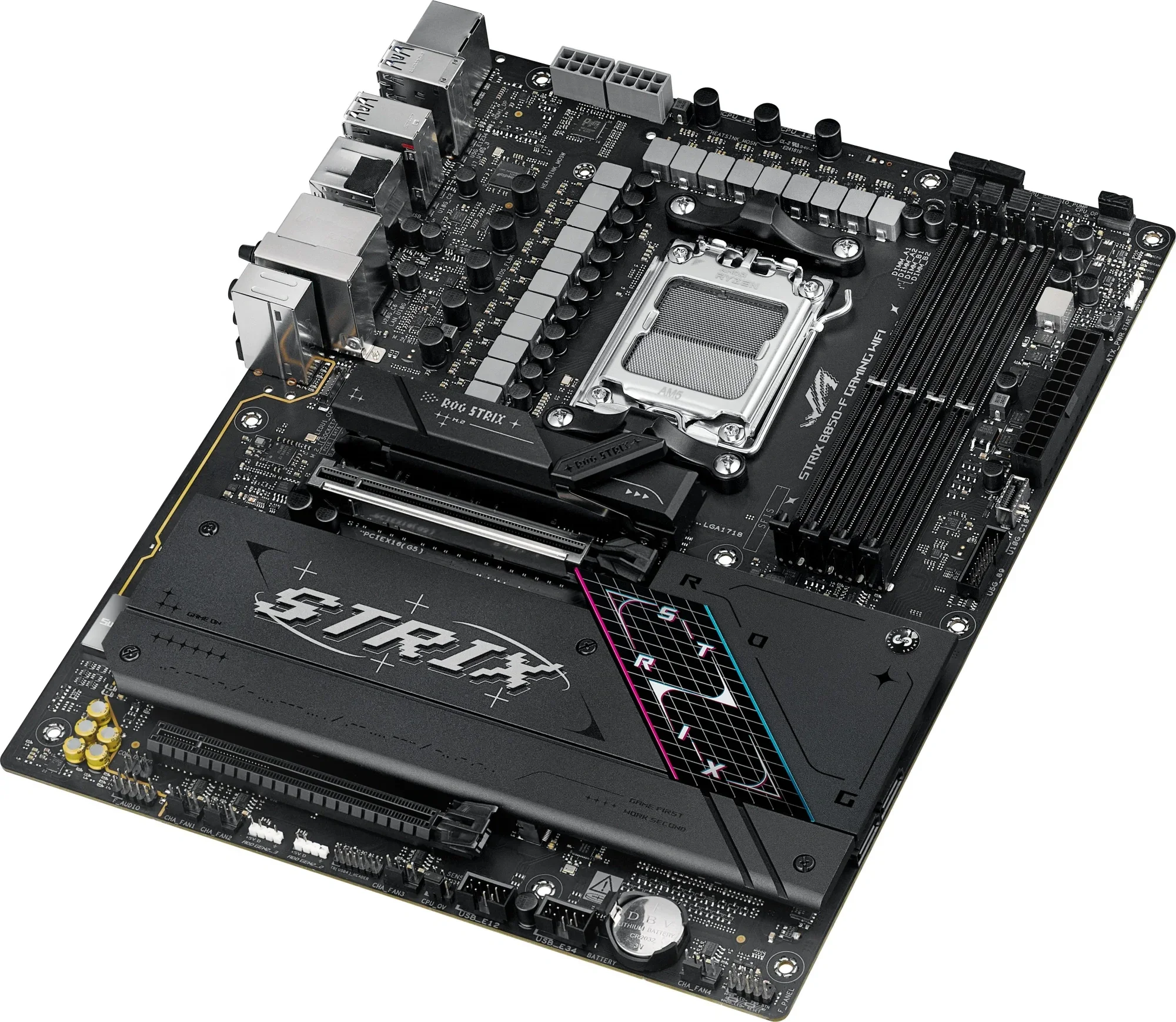 ASUS ROG STRIX B850-F GAMING WIFI (Socket AM5, ATX, 4xDDR5(256GB), DP/HDMI, 1xPCIe 5.0x16/1xPCIe 4.0x16, 1xLAN (2.5GbE), Wi-Fi 7, BT, 2xSATA 6Gb/s, 4xM.2, 2xType-C, 6xUSB 3.2, 4xUSB 2.0)