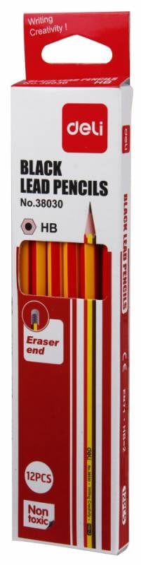 Карандаш чернографитный Deli E38030 HB, шестигранный, липа, коробка с европодвесом (12шт) ластик
