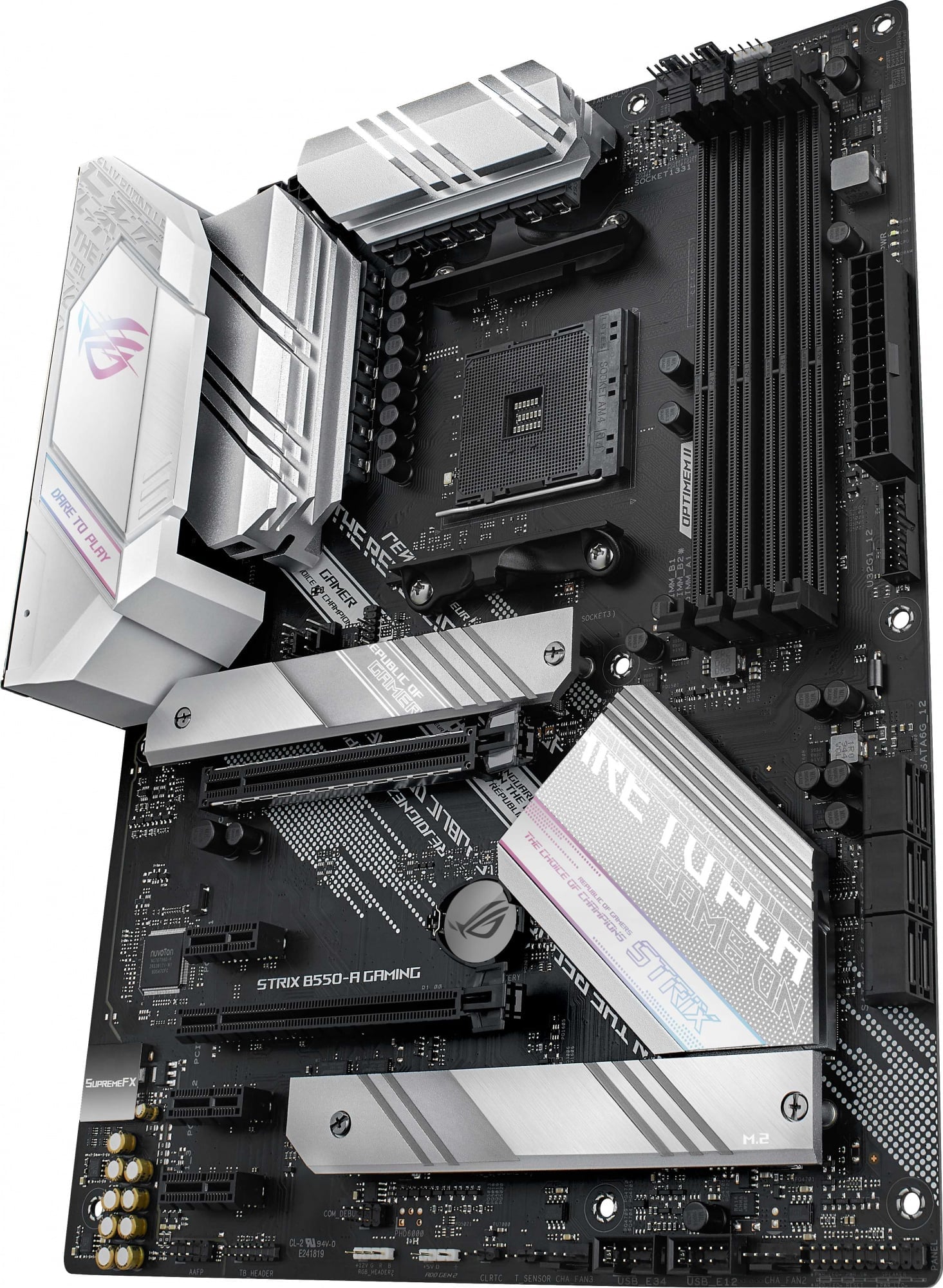 ASUS ROG STRIX B550-A GAMING (Socket AM4, ATX, 4xDDR4(128GB), HDMI 2.1/DP, 1xPCIe 4.0x16/1xPCIe 3.0x16/3xPCIe 3.0, 1xLAN (2.5GbE), 6xSATA 6Gb/s, 2xM.2, 1xType-C, 5xUSB 3.2, 2xUSB 2.0)